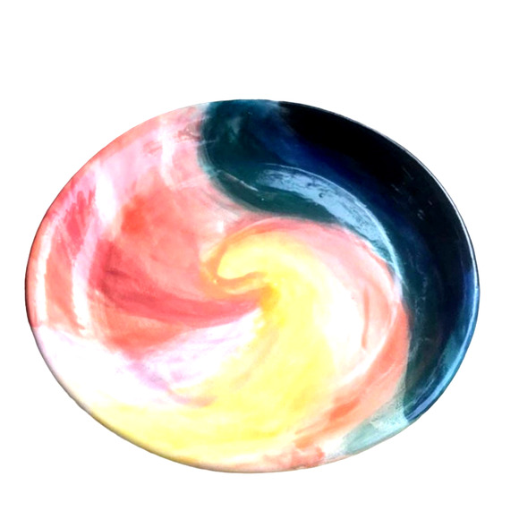 Spiral Pattern Pottery Plate in Teal, Coral, and Yellow/Handcrafted Pottery - Picture 9 of 9